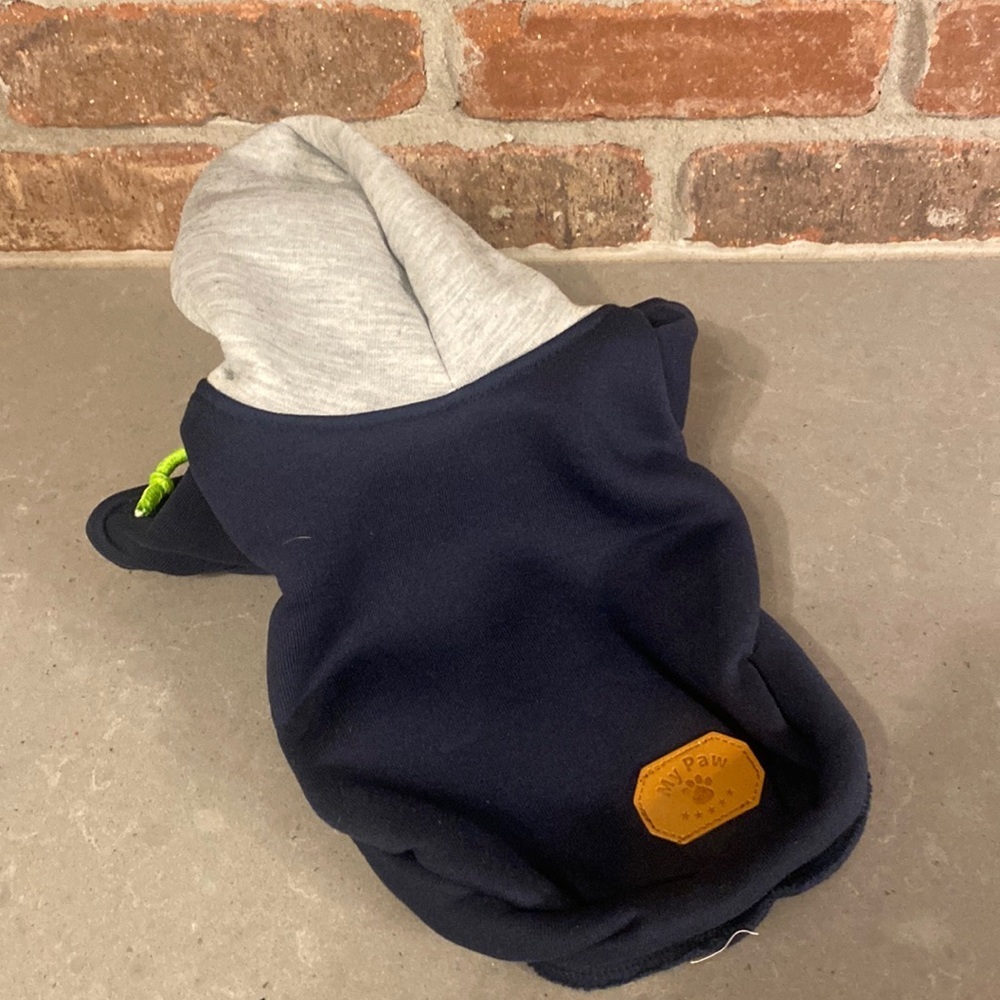 Small new in bay doggie hoodie navy blue with gray hood and lime green tie